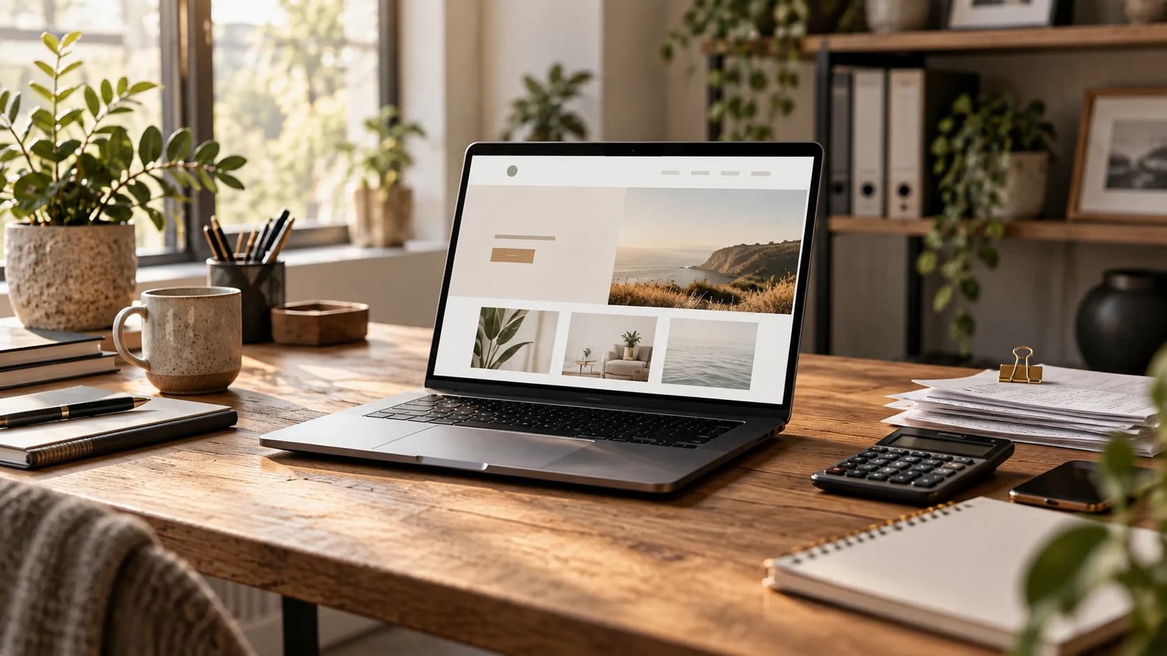 Laptop mit einer ruhig gestalteten Praxis-Website auf einem Holzschreibtisch im Morgenlicht