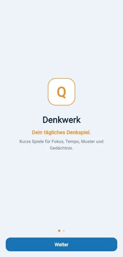 Onboarding der Denkwerk-App mit Logo, Titel und kurzer Beschreibung