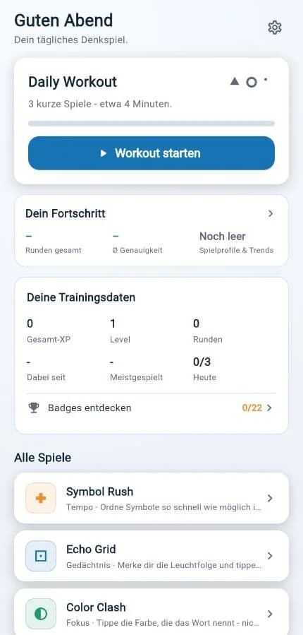 Denkwerk-Startseite mit Daily Workout, Fortschritt, Trainingsdaten und Spieleliste