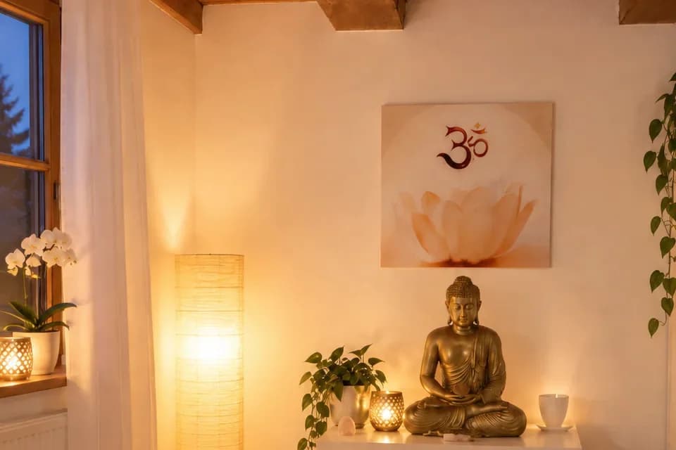 Warm beleuchteter Praxisraum mit Pflanzen und Buddhafigur