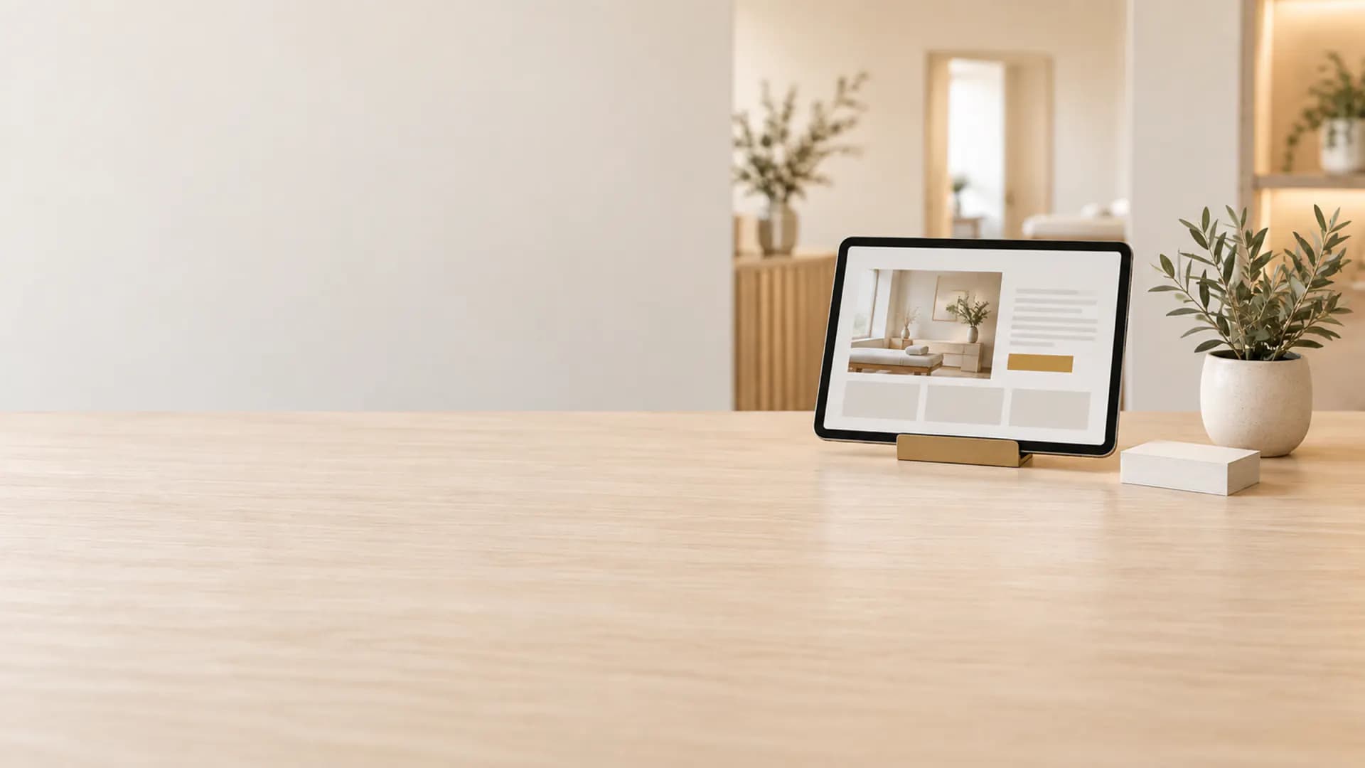 Tablet mit einer ruhig gestalteten Website auf einem hellen Empfangstresen