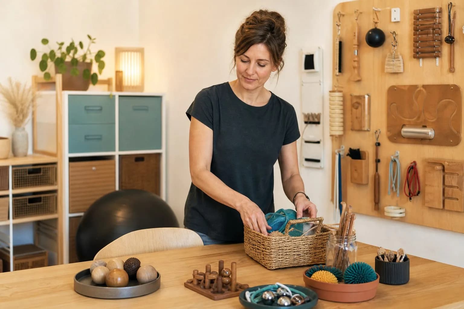 Freundlicher Ergotherapieraum mit Holzelementen, Arbeitstisch und alltagsnahen Übungsmaterialien