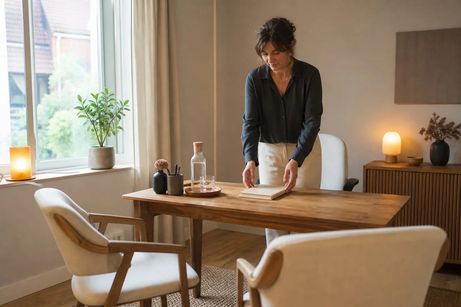 Ruhiger Besprechungsplatz in einer Heilpraktikerpraxis mit Holztisch, Notizbuch und Pflanze