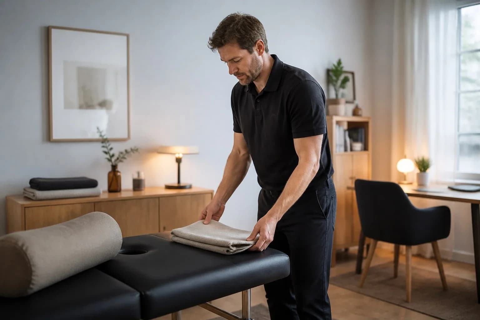 Reduzierter heller Behandlungsraum einer Praxis mit osteopathischem Angebot, Holzbank und Behandlungsliege