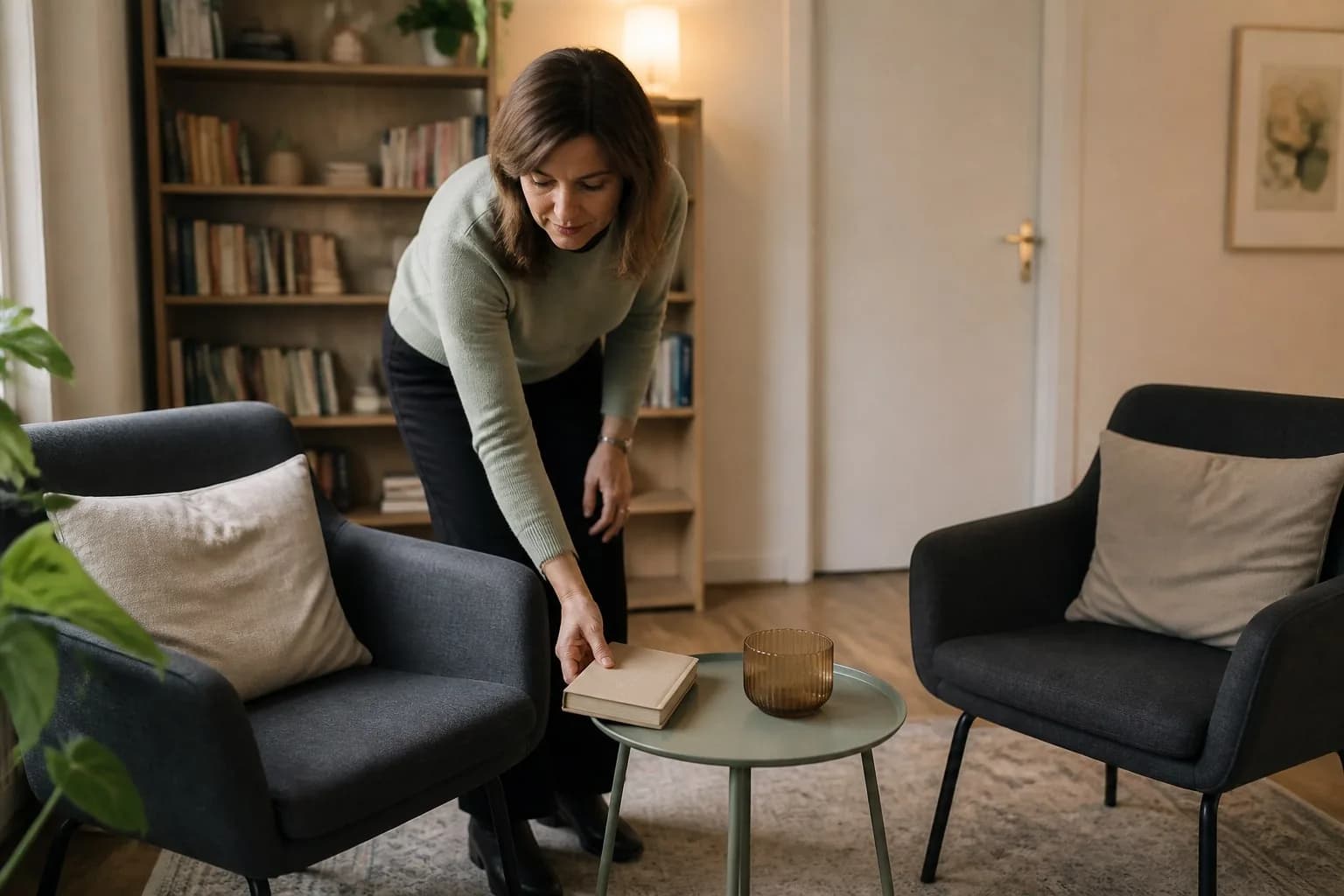 Ruhiger heller Gesprächsraum einer psychotherapeutischen Praxis mit zwei Sesseln und natürlichem Licht