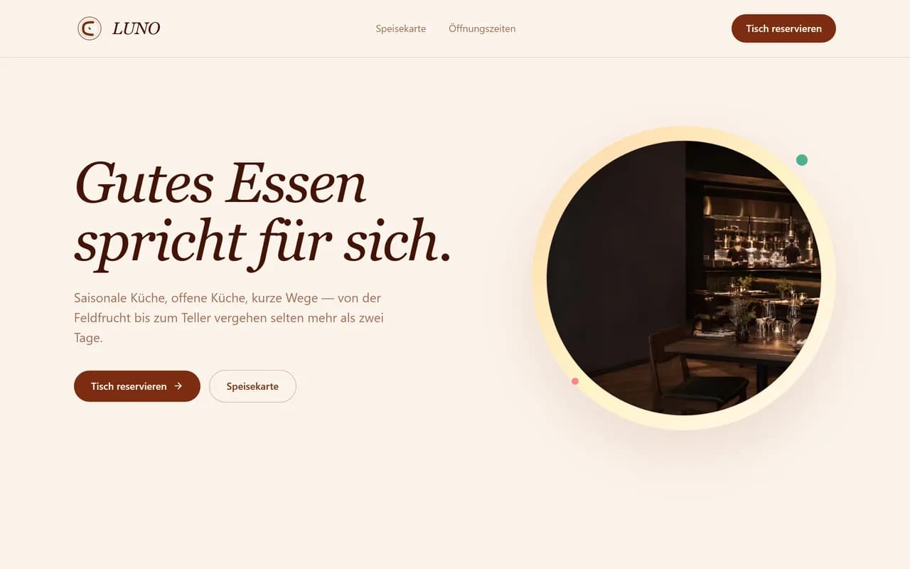 LUNO Kitchen: Screenshot der Frontpage