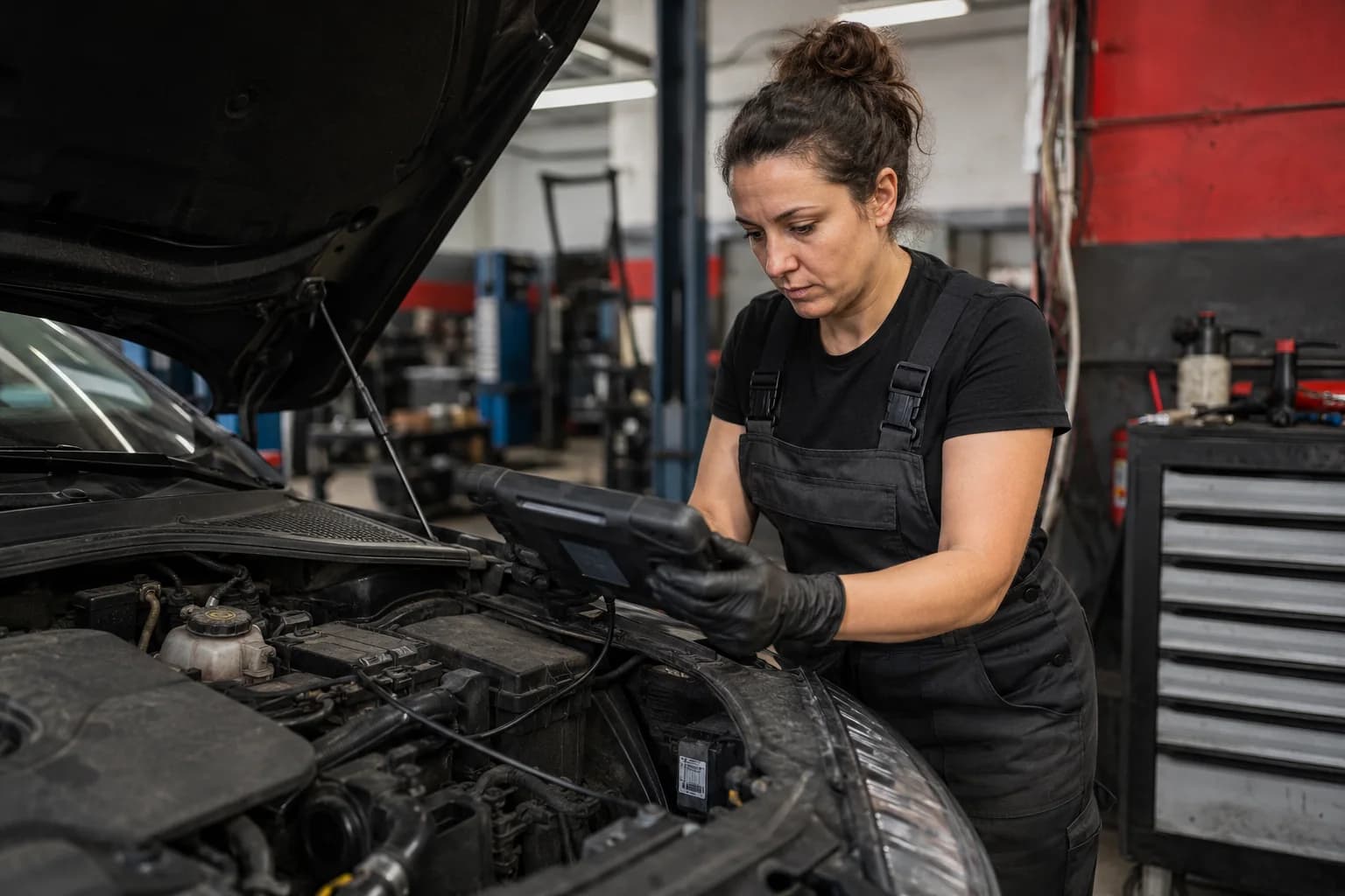 Mechanikerin liest Fahrzeugdaten am offenen Motorraum aus