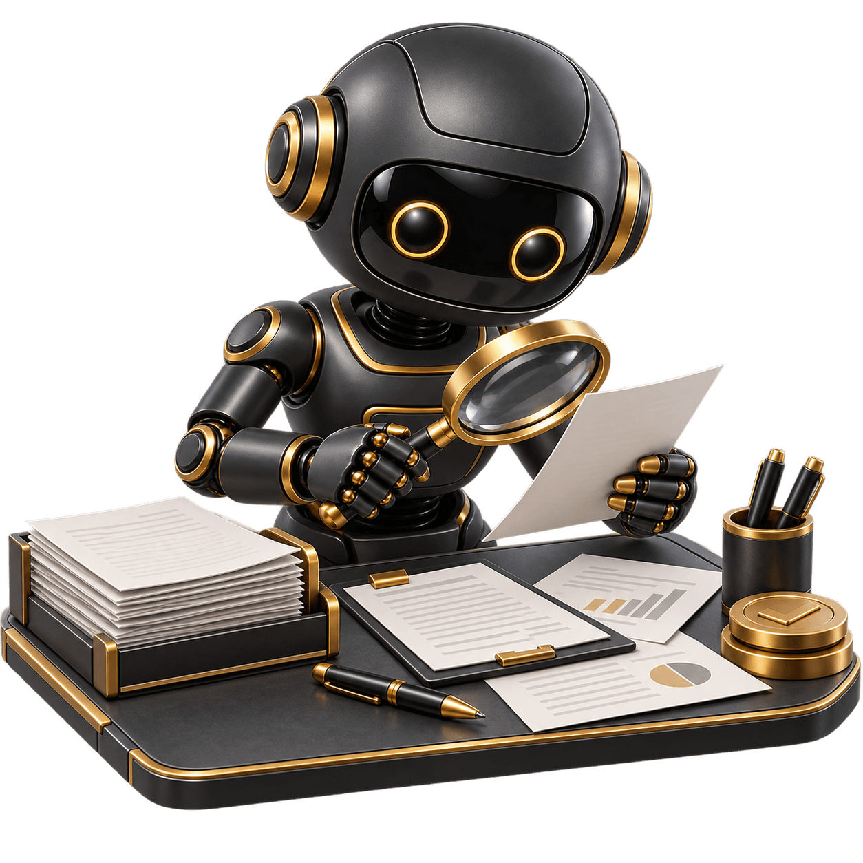 Werki reviews documents with a magnifying glass and prepares office work