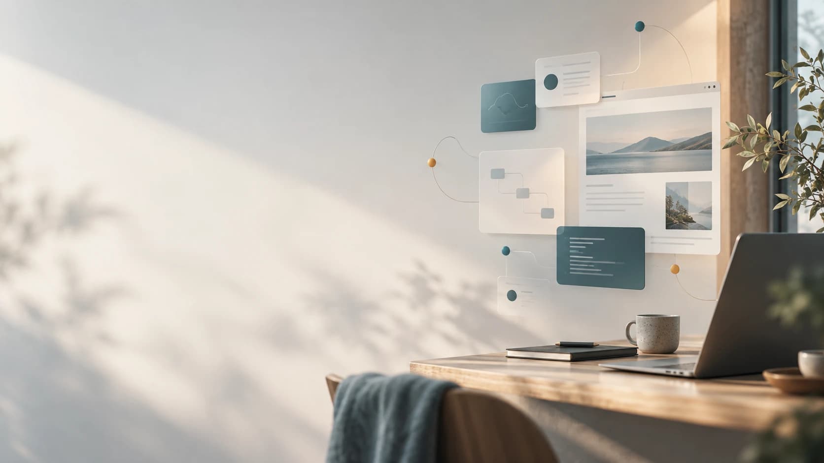 Arbeitsplatz mit Laptop, an der Wand Oberflächen einer Verwaltungssoftware und ein Ablaufdiagramm