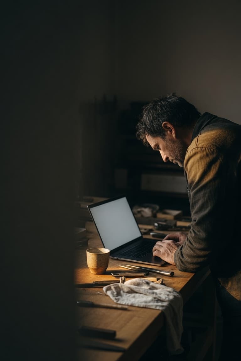 Handwerker betrachtet eine übersichtliche Leistungsseite auf einem Laptop