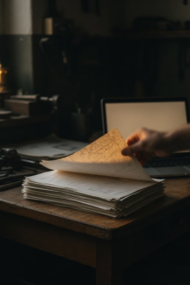 Eine Hand blättert eine Papierseite auf einem Stapel Formulare neben einem geöffneten Laptop um, warmes Licht auf dem Papier