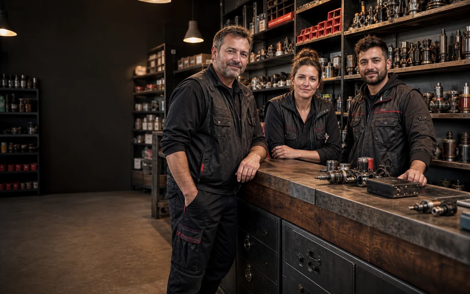 KI-generierte Darstellung eines fiktiven TEILWERK-Teams in einem Ersatzteilshop