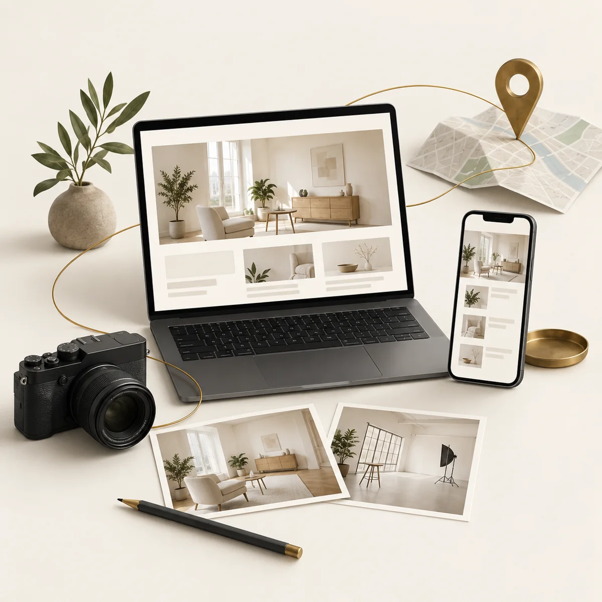 Illustration: Kamera, Fotos und Texte verbinden sich zu einer Website auf Laptop und Handy sowie einem Standortprofil